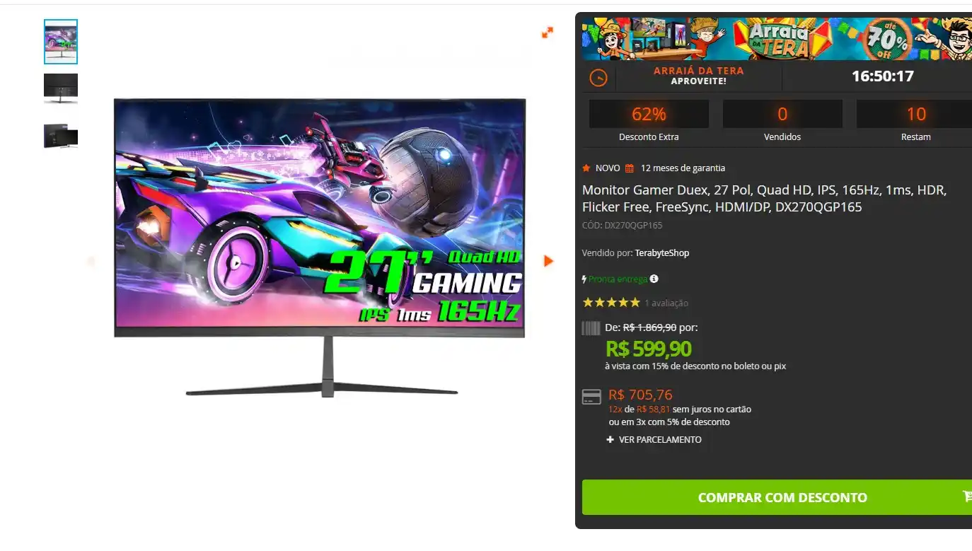 Image from GPCR Promo - Hardware e Tecnologia: 🔥🔥🔥Monitor Gamer Duex, 27 Pol, Quad HD, IPS, 165Hz, 1ms, HDR, Flick...