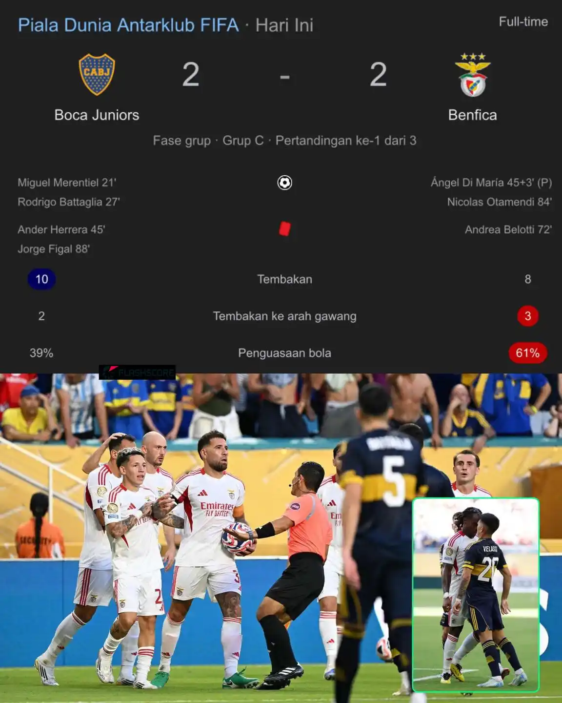 Image from FLASHSCORE: Nicolas Otamendi mencetak gol penyelamat bagi Benfica pada menit ke-84...