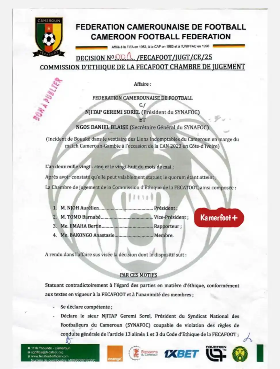 Image from LIENS STREAMING: Njitap Gérémi Sorel suspendu... ... 05 ans par la FECAFOOT...