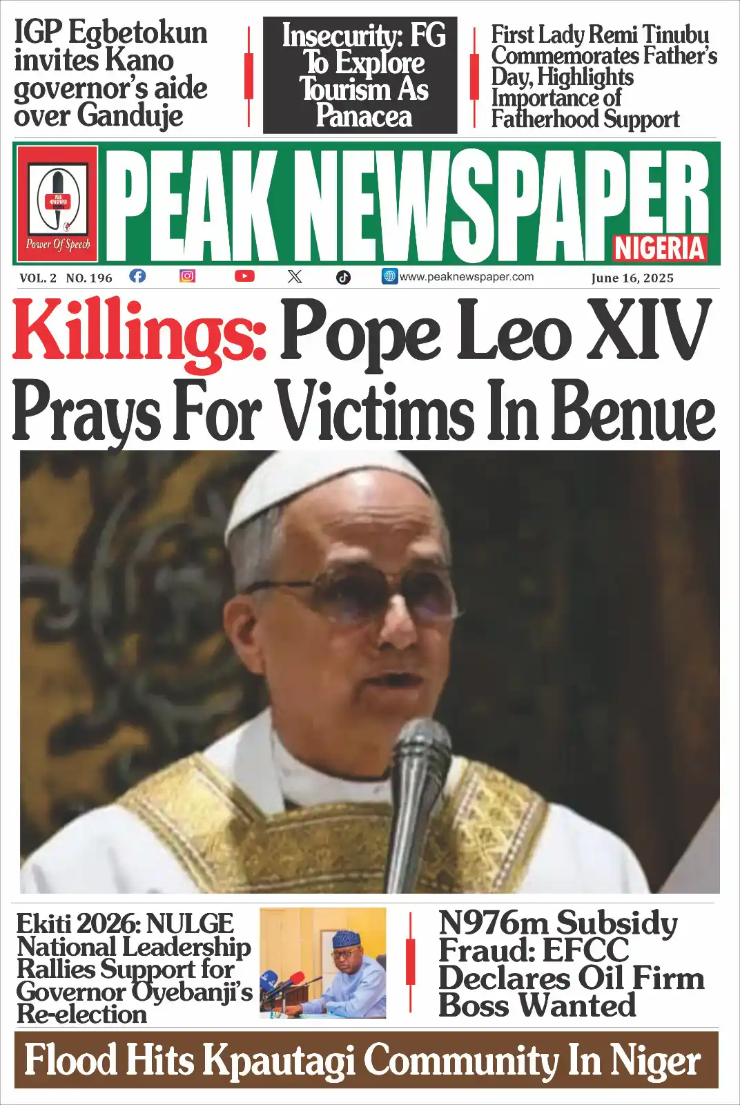 Image from Peak Newspaper Nigeria: Peak Newspaper Nigeria headline stories, Monday June 16, 2025. Read a...