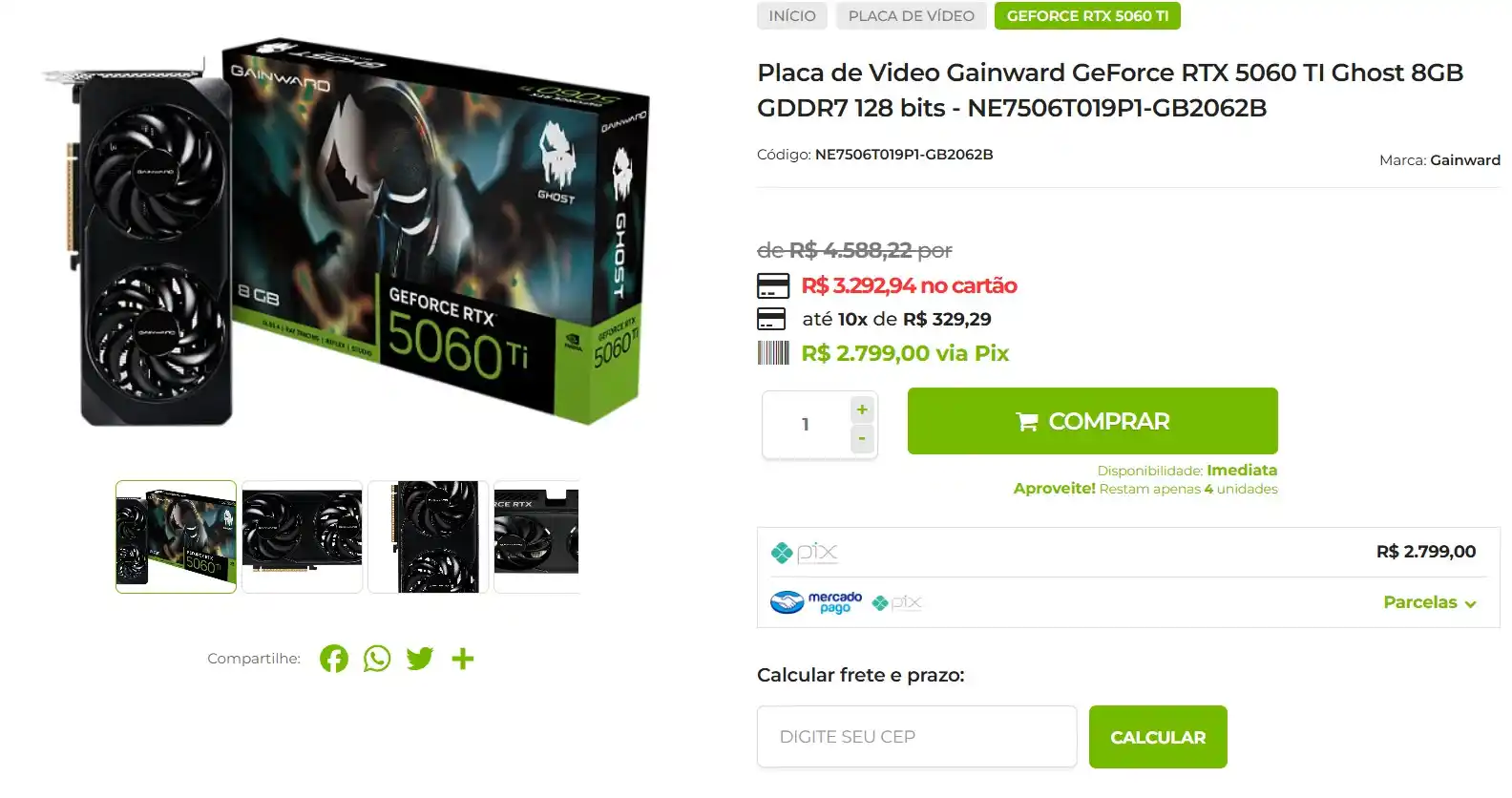 Image from GPCR Promo - Hardware e Tecnologia: 🔥Placa de Video Gainward GeForce RTX 5060 TI Ghost 8GB GDDR7 💲R$2....