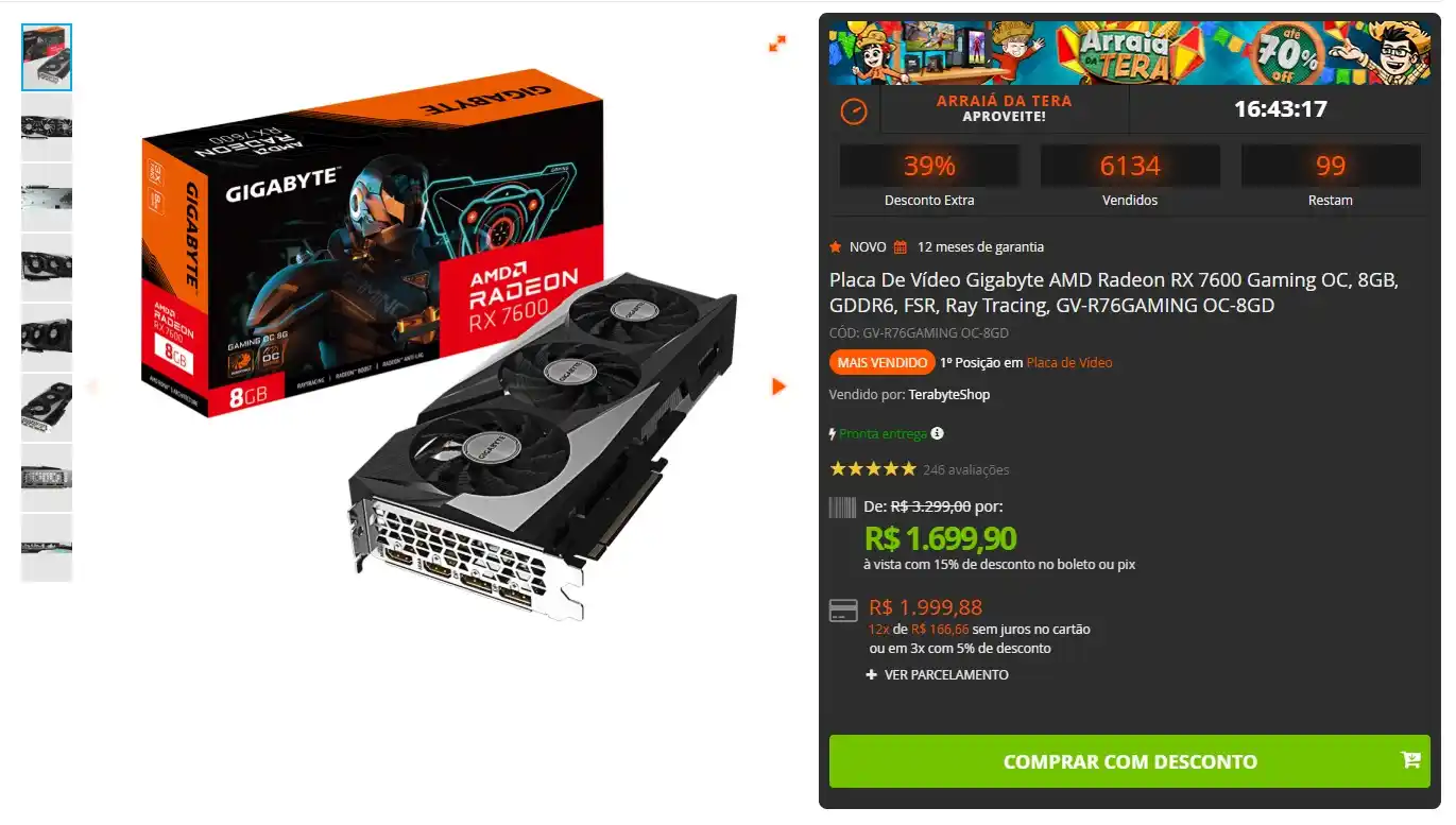 Image from GPCR Promo - Hardware e Tecnologia: 🔥Placa De Vídeo Gigabyte AMD Radeon RX 7600 Gaming OC, 8GB, GDDR6 💲...