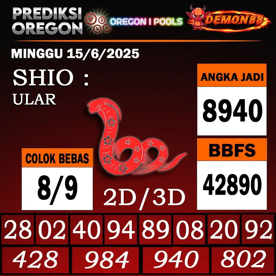 Image from PREDIKSI TOGEL ONLINE 4D DEMON88 Situs TOTO Togel 4D Online Terbaik Bandar Togel Online Terpercaya: PREDIKSI TOGEL OREGON 1 15 June 2025 BBFS : 42890 CB : 8/9 TOP 4D :...