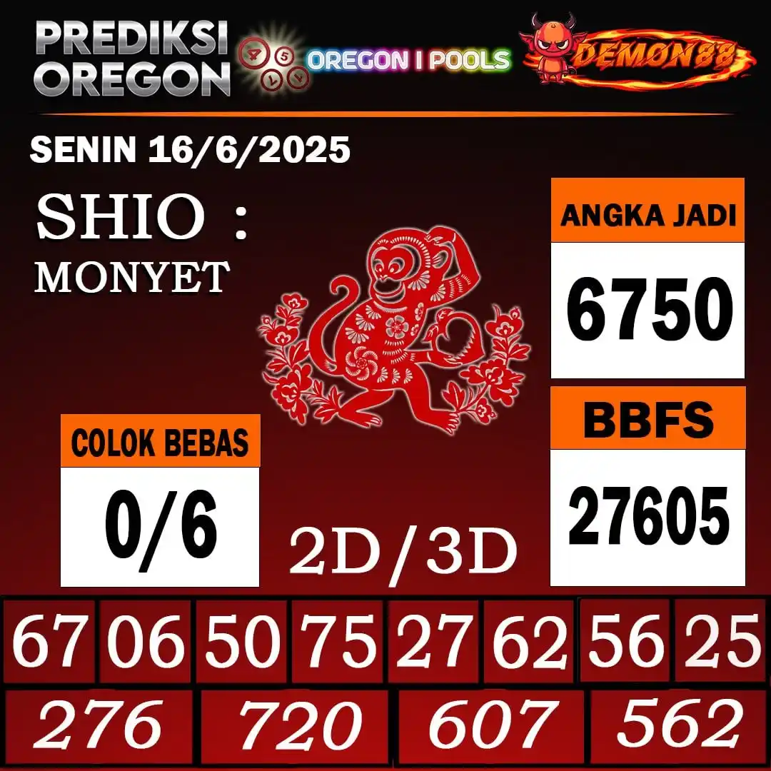 Image from PREDIKSI TOGEL ONLINE 4D DEMON88 Situs TOTO Togel 4D Online Terbaik Bandar Togel Online Terpercaya: PREDIKSI TOGEL OREGON 1 16 June 2025 BBFS : 27605 CB : 0/6 TOP 4D :...