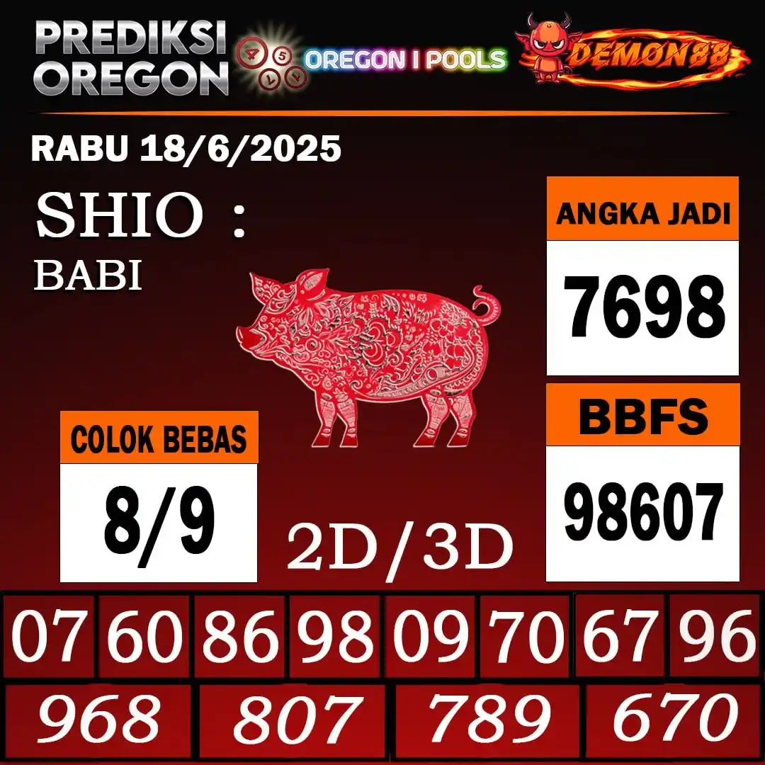 Image from PREDIKSI TOGEL ONLINE 4D DEMON88 Situs TOTO Togel 4D Online Terbaik Bandar Togel Online Terpercaya: PREDIKSI TOGEL OREGON 1  18 June 2025 BBFS : 98607 CB : 8/9 TOP 4D : 7...