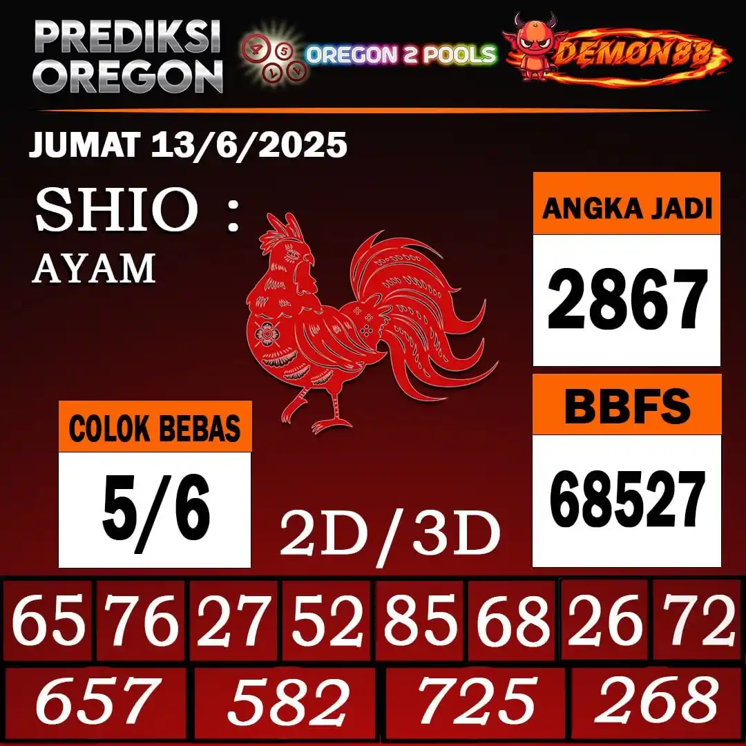 Image from PREDIKSI TOGEL ONLINE 4D DEMON88 Situs TOTO Togel 4D Online Terbaik Bandar Togel Online Terpercaya: PREDIKSI TOGEL OREGON 2 13 June 2025 BBFS : 68527 CB : 5/6 TOP 4D : 2...
