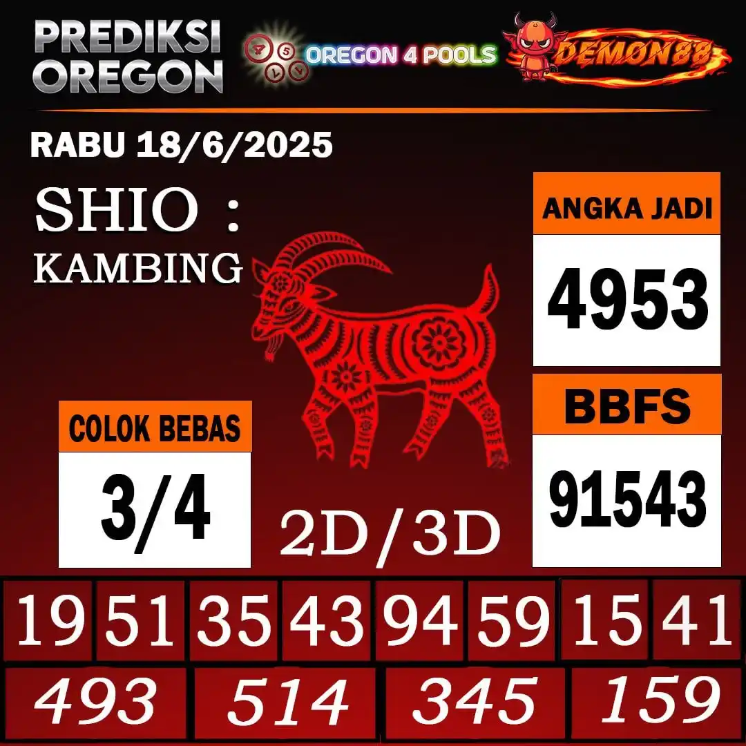 Image from PREDIKSI TOGEL ONLINE 4D DEMON88 Situs TOTO Togel 4D Online Terbaik Bandar Togel Online Terpercaya: PREDIKSI TOGEL OREGON 4 18 June 2025 BBFS : 91543 CB : 3/4 TOP 4D : 4...