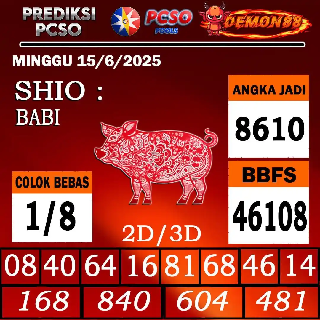Image from PREDIKSI TOGEL ONLINE 4D DEMON88 Situs TOTO Togel 4D Online Terbaik Bandar Togel Online Terpercaya: PREDIKSI TOGEL PCSO 🇵🇭🇵🇭🇵🇭🇵🇭🇵🇭🇵🇭 15 June 2025 BBFS : 46108...