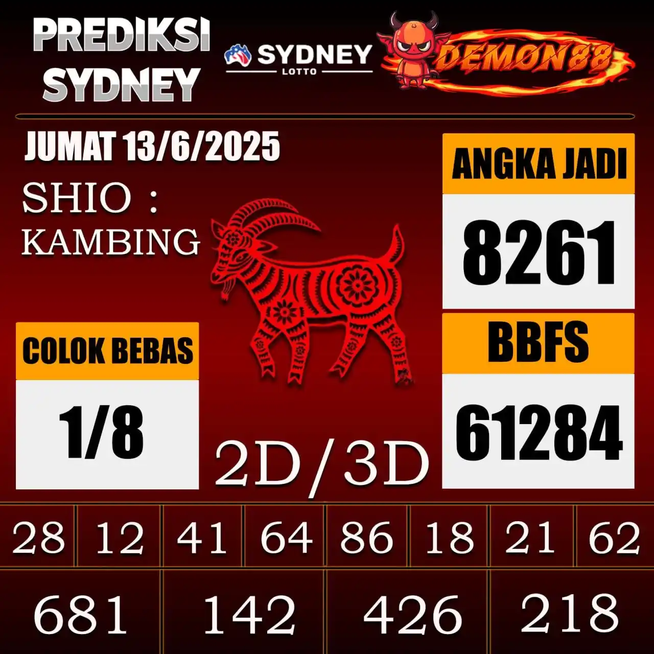 Image from PREDIKSI TOGEL ONLINE 4D DEMON88 Situs TOTO Togel 4D Online Terbaik Bandar Togel Online Terpercaya: PREDIKSI TOGEL SYDNEY 🇦🇺🇦🇺🇦🇺🇦🇺🇦🇺🇦🇺 13 June 2025 BBFS : 61...