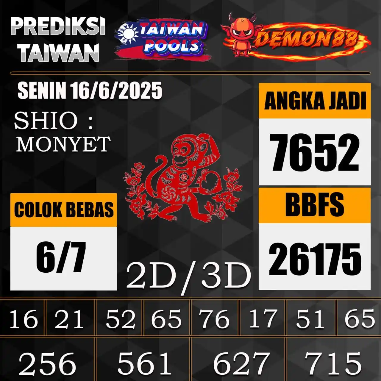 Image from PREDIKSI TOGEL ONLINE 4D DEMON88 Situs TOTO Togel 4D Online Terbaik Bandar Togel Online Terpercaya: PREDIKSI TOGEL TAIWAN 🇹🇼🇹🇼🇹🇼🇹🇼🇹🇼🇹🇼 16 June 2025 BBFS : 261...