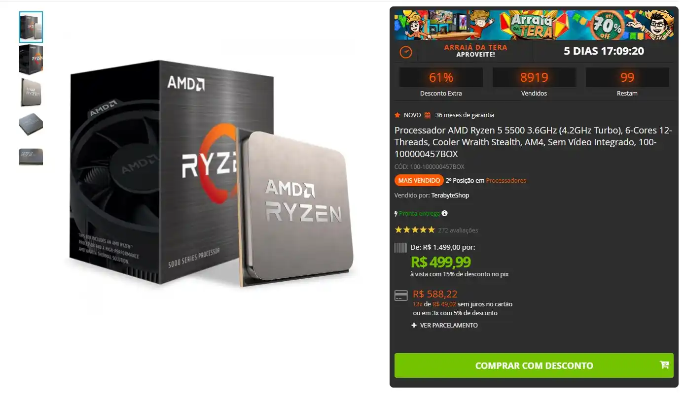 Image from GPCR Promo - Hardware e Tecnologia: 🔥Processador AMD Ryzen 5 5500 💲R$499,90 🔗https://www.terabyteshop...