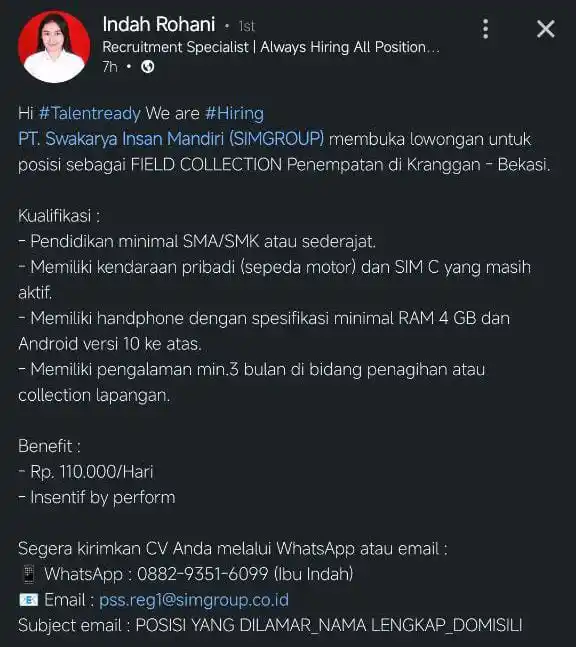 Image from LOWONGAN PEKERJAAN JABODETABEK - KARAWANG: pss.reg1@simgroup.co.id Subjek: field collection_nama...