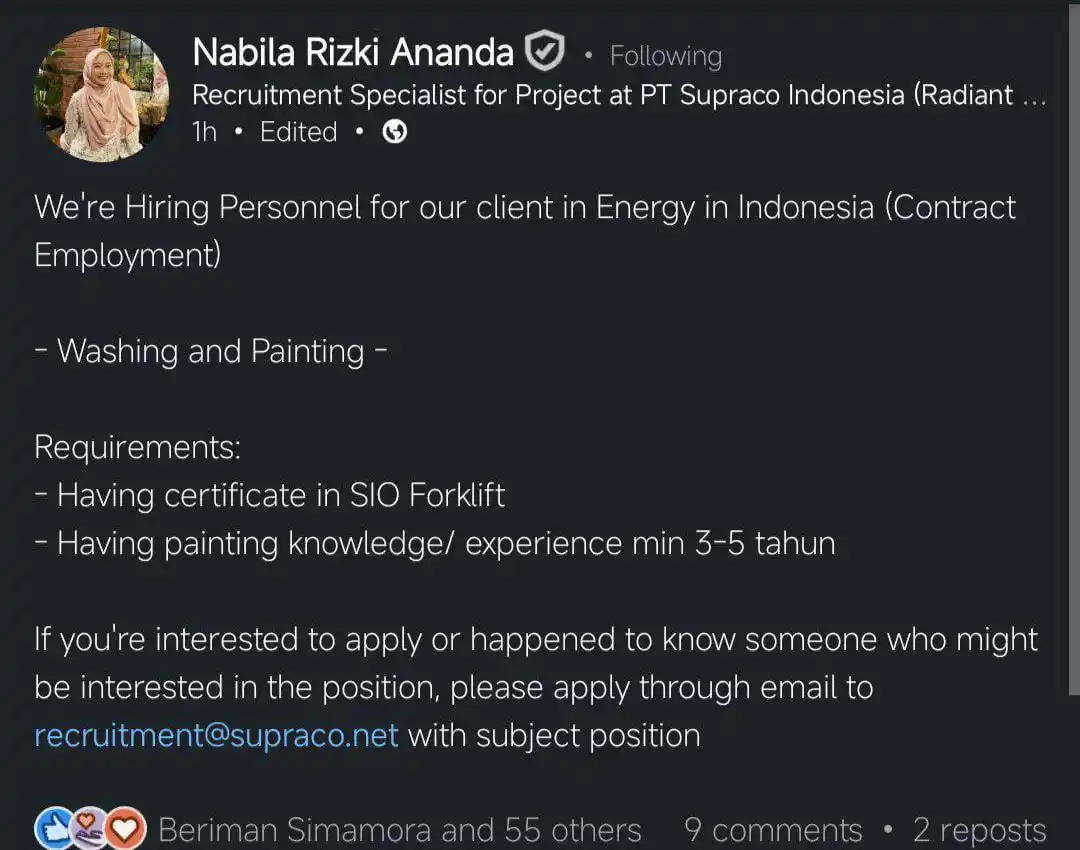 Image from LOWONGAN PEKERJAAN JABODETABEK - KARAWANG: recruitment@supraco.net Subjek: washing and painting...