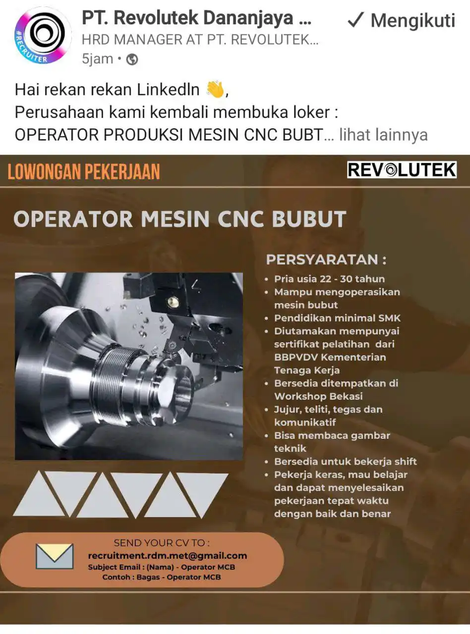 Image from LOWONGAN PEKERJAAN JABODETABEK - KARAWANG: recruitment.rdm.met@gmail.com Subject Email: (Nama) - Operator MCB...