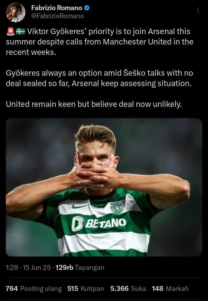 Image from MUFC INDONESIA🇮🇩🇲🇨: 🚨🇸🇪 Prioritas Viktor Gyökeres adalah bergabung dengan Arsenal musim...