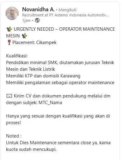 Image from LOWONGAN PEKERJAAN JABODETABEK - KARAWANG: Send CV by DM LinkedIn https://www.linkedin.com/in/novanidha-a-8b945...