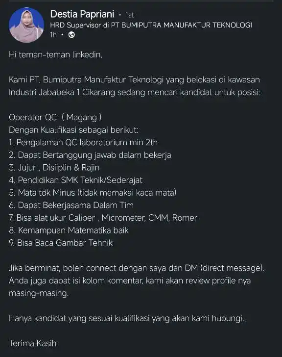 Image from LOWONGAN PEKERJAAN JABODETABEK - KARAWANG: Send CV by DM LinkedIn...