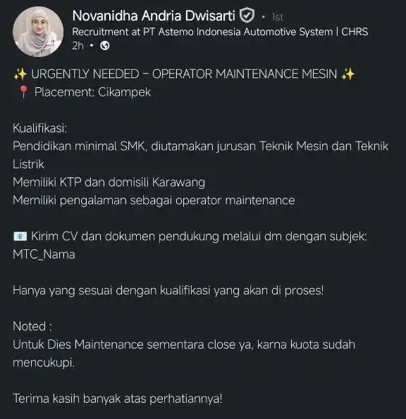 Image from LOWONGAN PEKERJAAN JABODETABEK - KARAWANG: SEND CV BY DM LINKEDIN...