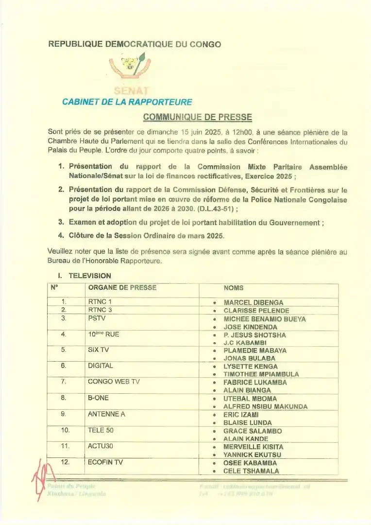 Image from SENAT RDC: *Session Parlementaire — Mars 2025* 🚨 *CLÔTURE DE LA SESSION PARLEM...