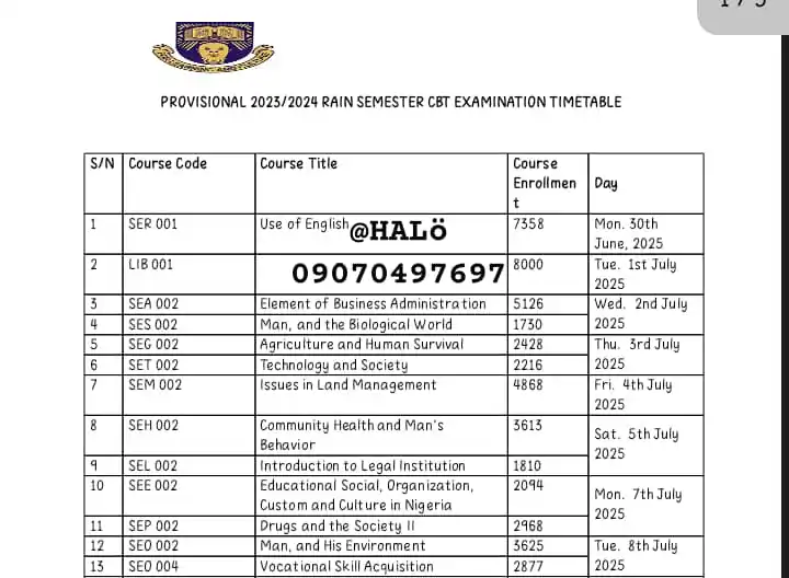 Image from OBAFEMI AWOLOWO UNIVERSITY (GREAT IFE).: *SPECIAL ELECTIVE PROVISIONAL 2023/24 RAIN SEMESTER EXAMINATION TIMETA...
