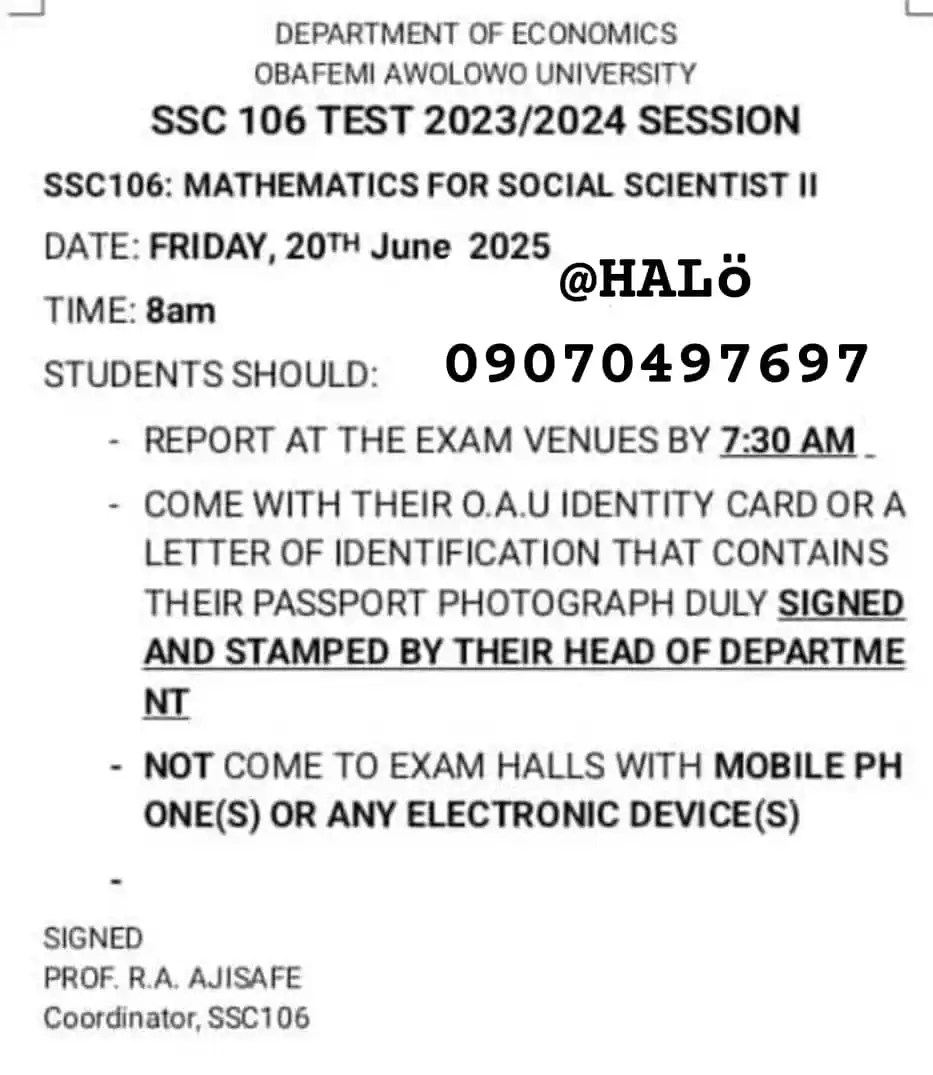 Image from OBAFEMI AWOLOWO UNIVERSITY (GREAT IFE).: *SSC 106 MID SEMESTER EXAMINATION SCHEDULE.* _*To whom it may concern...