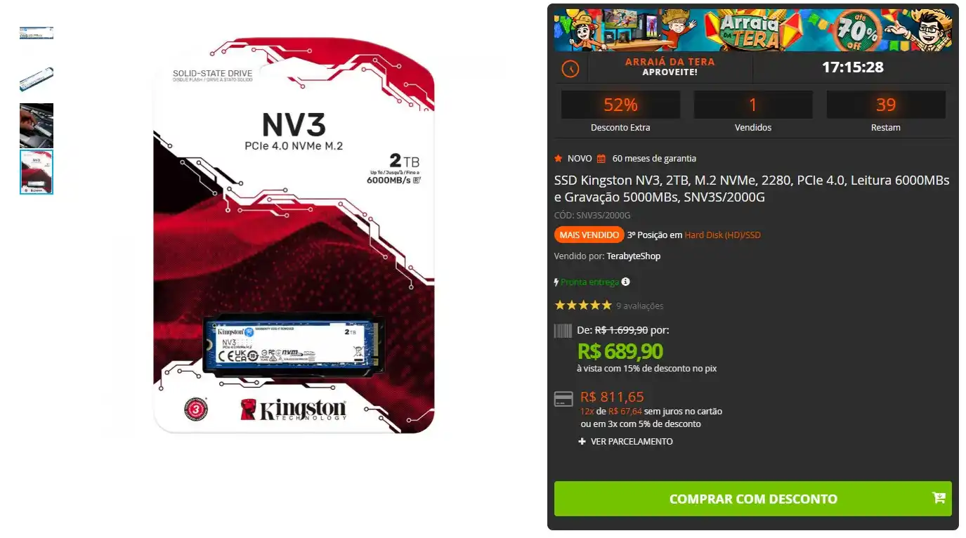 Image from GPCR Promo - Hardware e Tecnologia: 🔥SSD Kingston NV3, 2TB, M.2 NVMe, 2280, PCIe 4.0, Leitura 6000MBs 💲...
