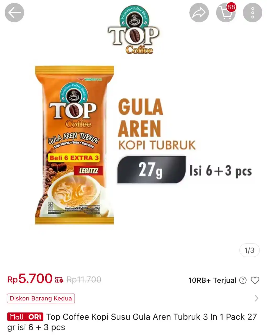 Image from Racun Shopee Receh: Top Coffee Kopi Susu Gula Aren Tubruk 3 In 1 Pack 27 gr isi 6 + 3 pcs ...