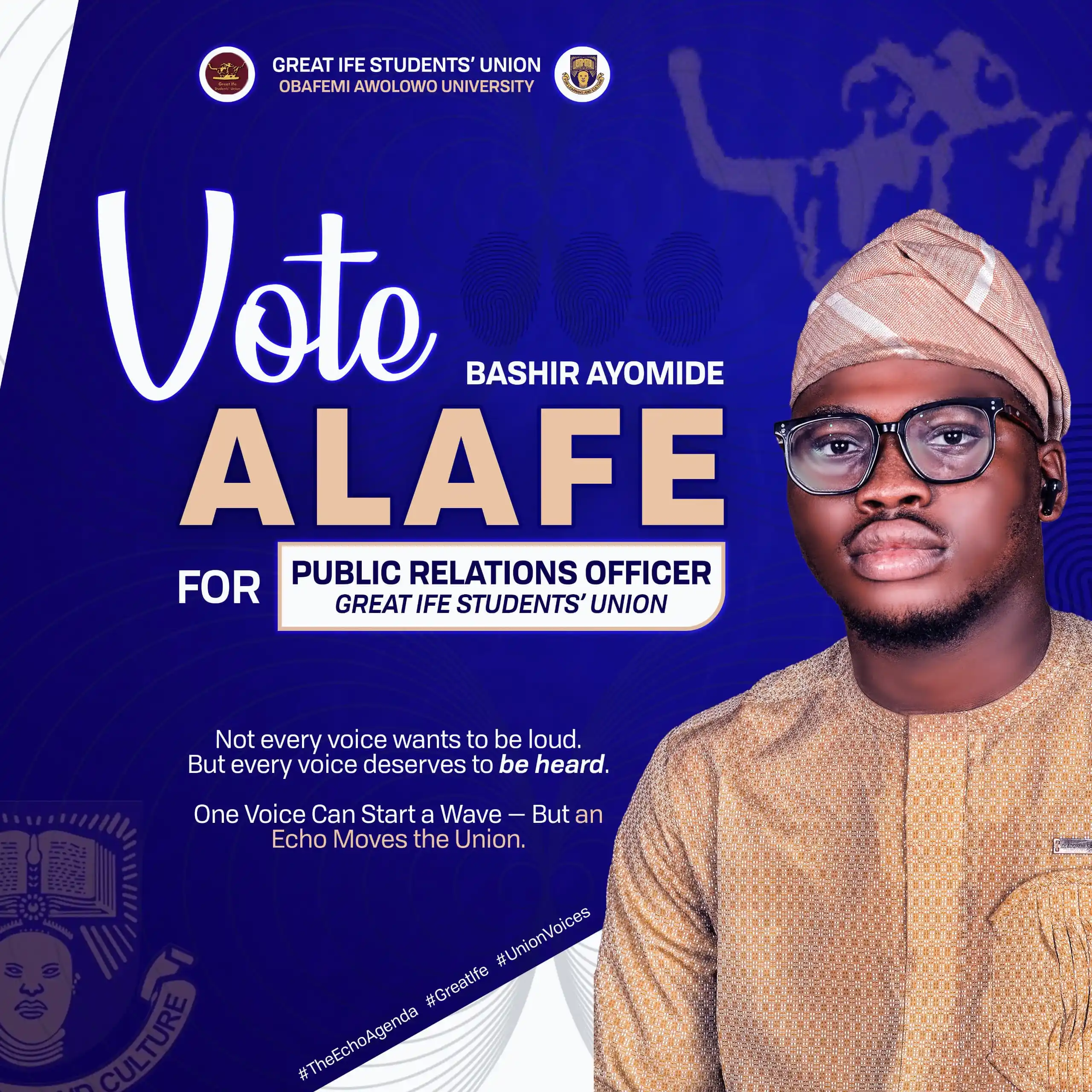 Image from OBAFEMI AWOLOWO UNIVERSITY (GREAT IFE).: `VOTE BASHIR AYOMIDE (ALAFE) AS PRO, GREAT IFE STUDENTS' UNION` 🎙️ T...