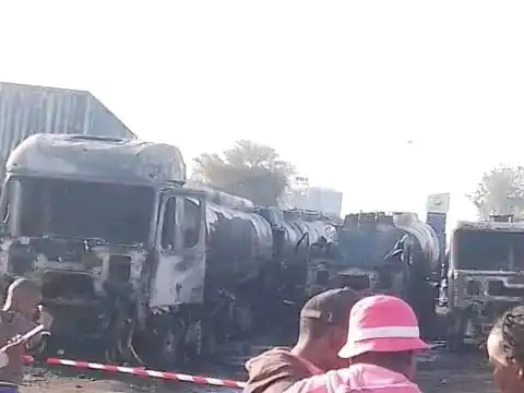 Image from GTN TV: 4 fuel tankers, 2 trucks, razed down by night explosion at Barnabas, N...