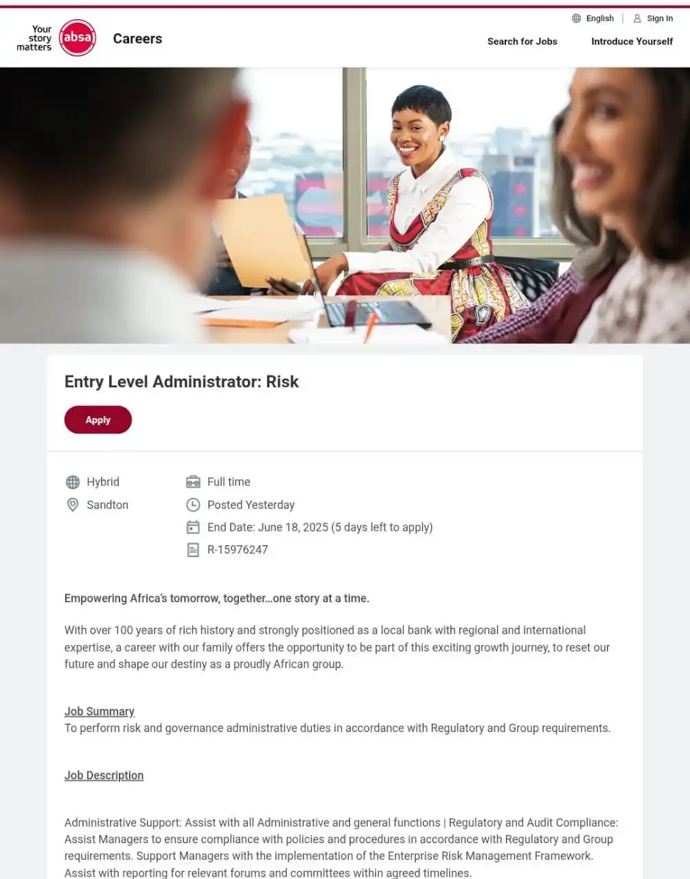 Image from dailyspark: 📌ABSA is urgently hiring! ✅Entry-Level Administrator- Risk 📍Sandt...