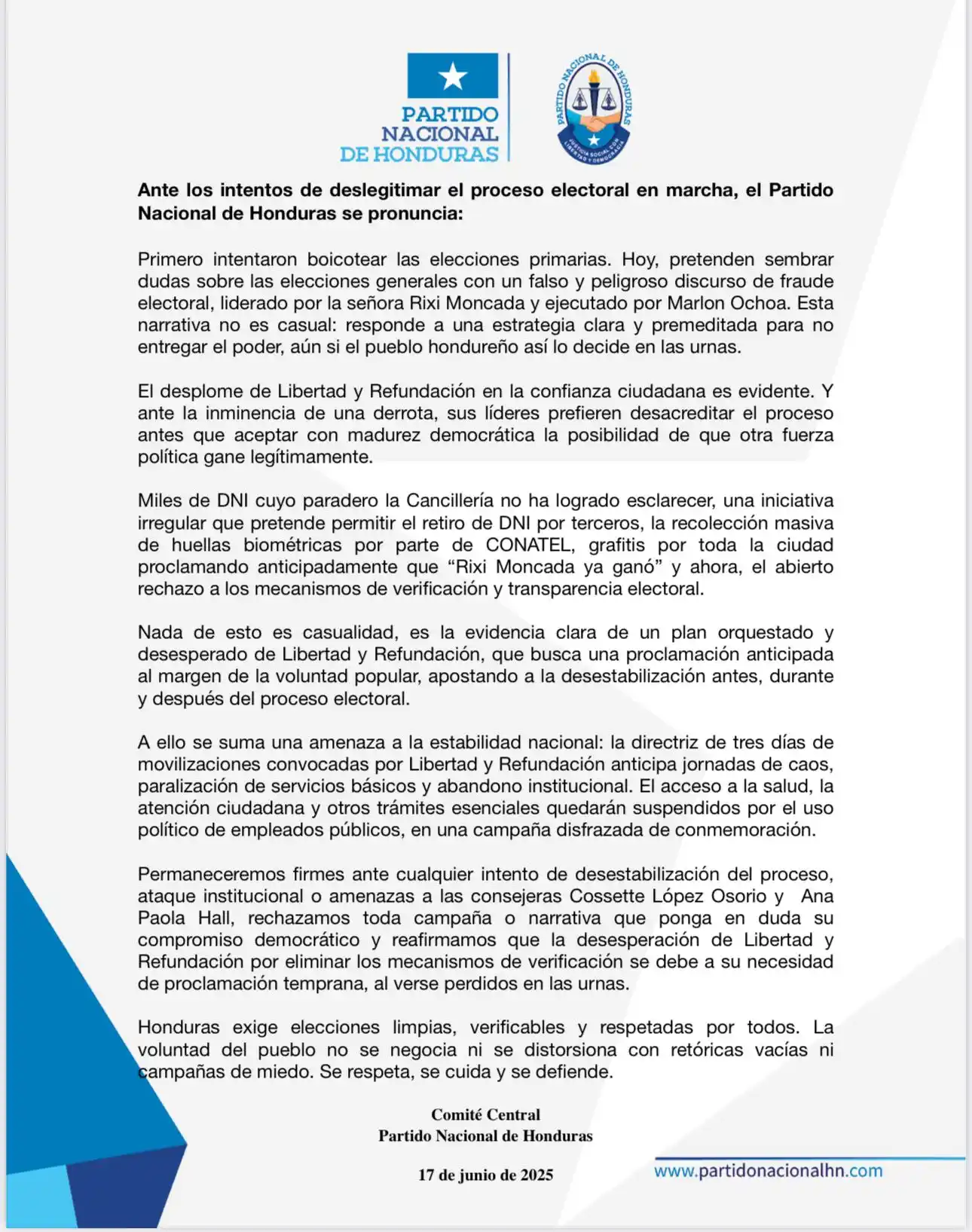 Image from Partido Nacional de Honduras: Ante los intentos de deslegitimar el proceso electoral en marcha, el P...