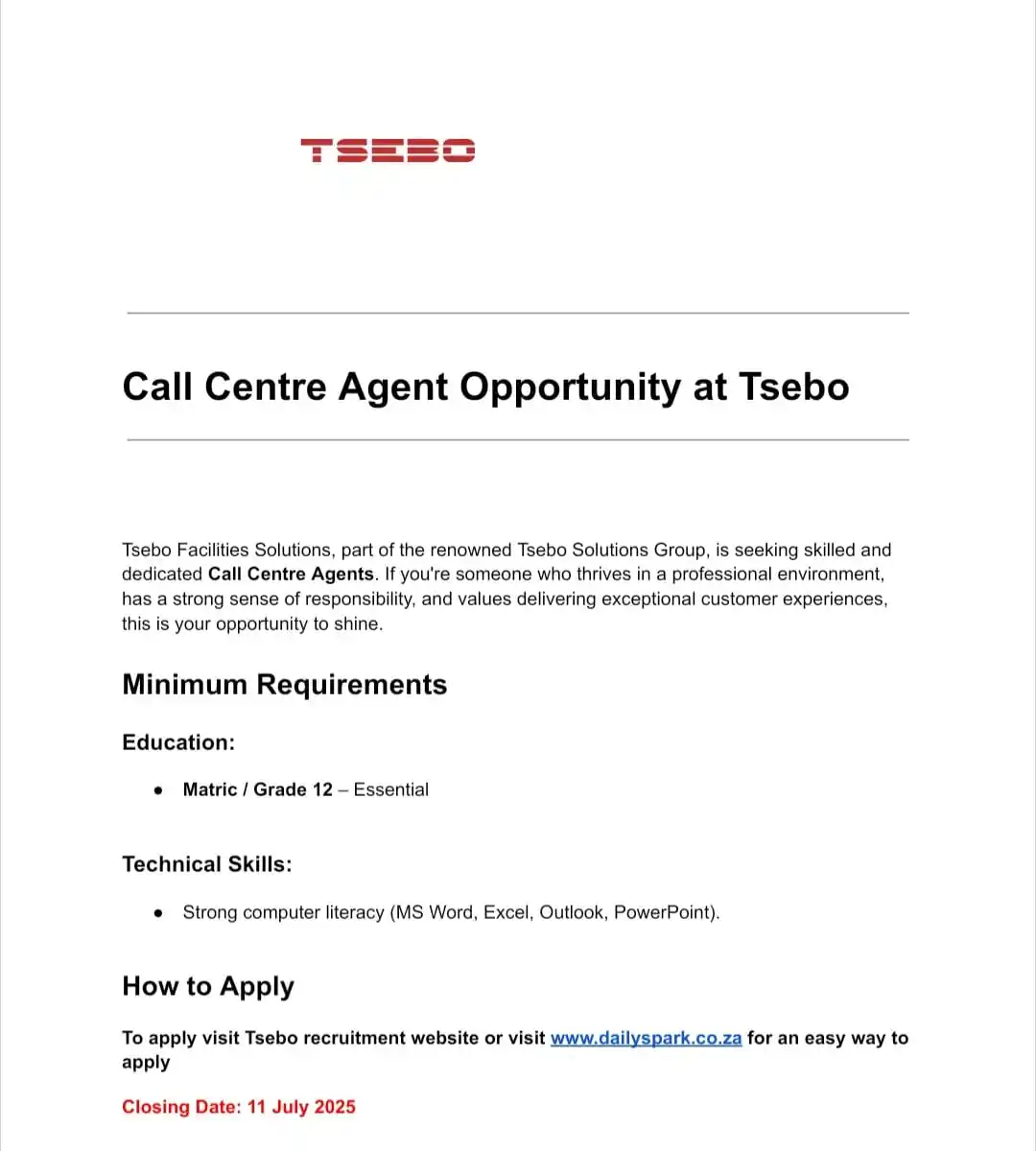 Image from dailyspark: CALL CENTRE AGENT JOB AT TSEBO ✅Call Centre Agent Salary: R6,500 – ...