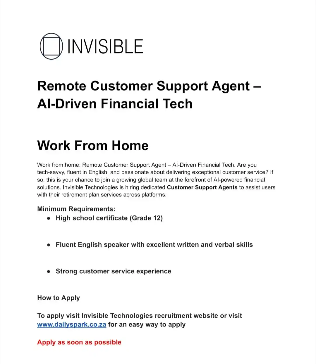 Image from dailyspark: CAN YOU HANDLE REMOTE JOB? Invisible Technologies is hiring work from...