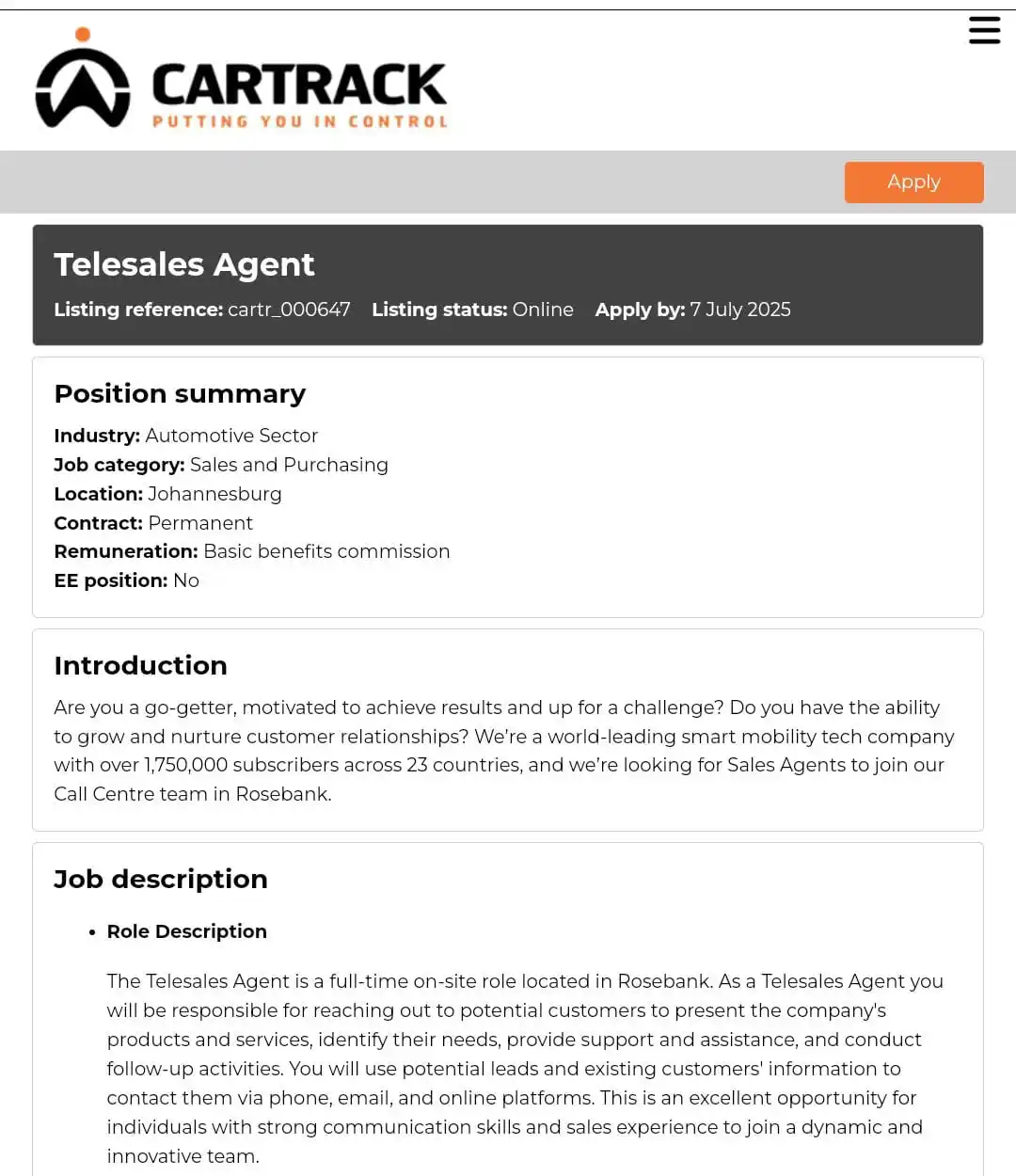 Image from dailyspark: 📌Cartrack is hiring!  ✅Telesales Agent   📍JHB  Salary: R8,000- R15,0...