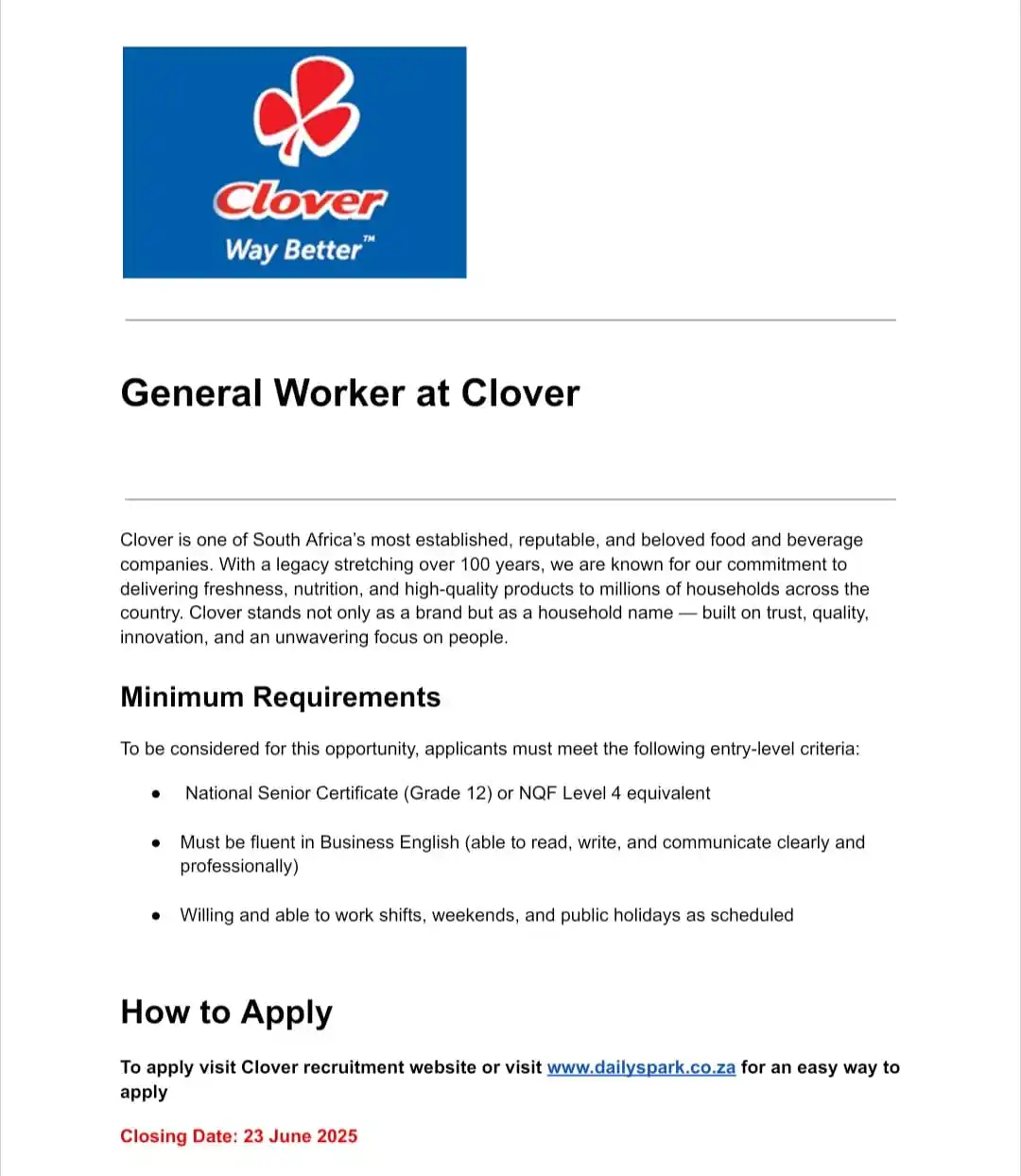 Image from dailyspark: Clover is hiring General Worker for June 2025 (R12 000). Only Grade 1...