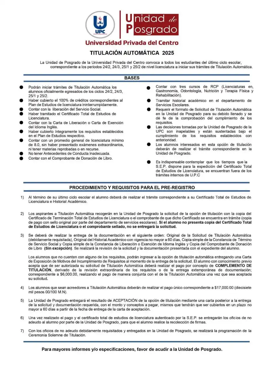 Image from Universidad Privada Del Centro: 🎓✨ ¡Convocatoria de Titulación Automática! ✨🎓 Si eres un alumno egr...