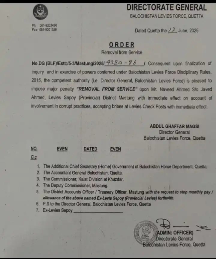 Image from Balochistan Point News📡: *ڈی جی لیویز کا ایکشن* *ڈی جی لیویز بلوچستان عبدالغفار مگسی صاحب نے...