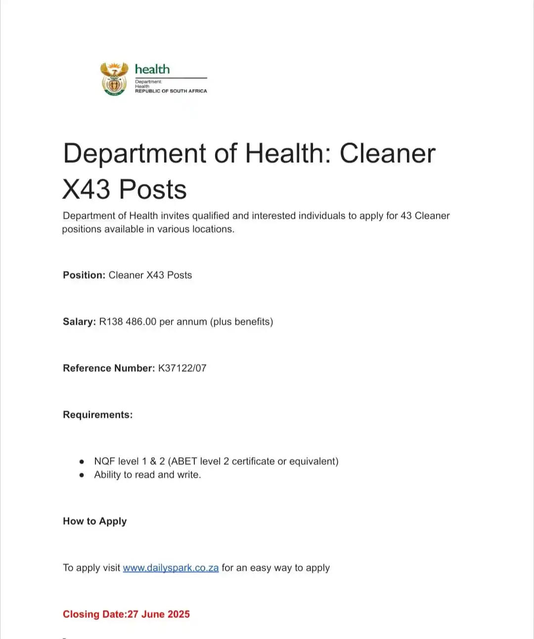 Image from dailyspark: Department of Health is currently hiring people with Grade 9 ✅️ Clean...