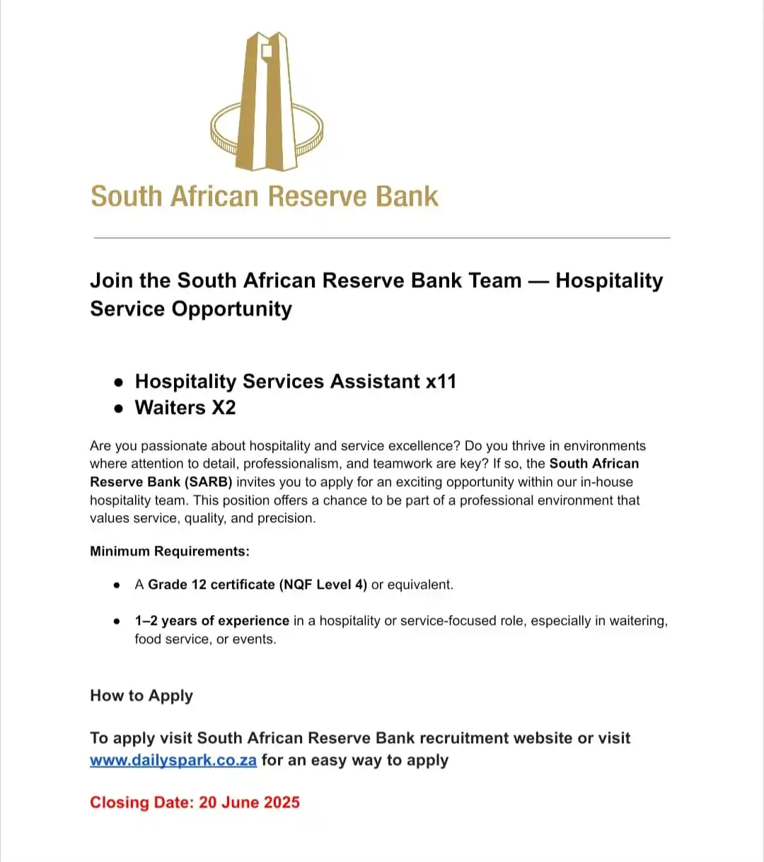 Image from dailyspark: Do you have Grade 12? South African Reserve Bank is currently hiring....