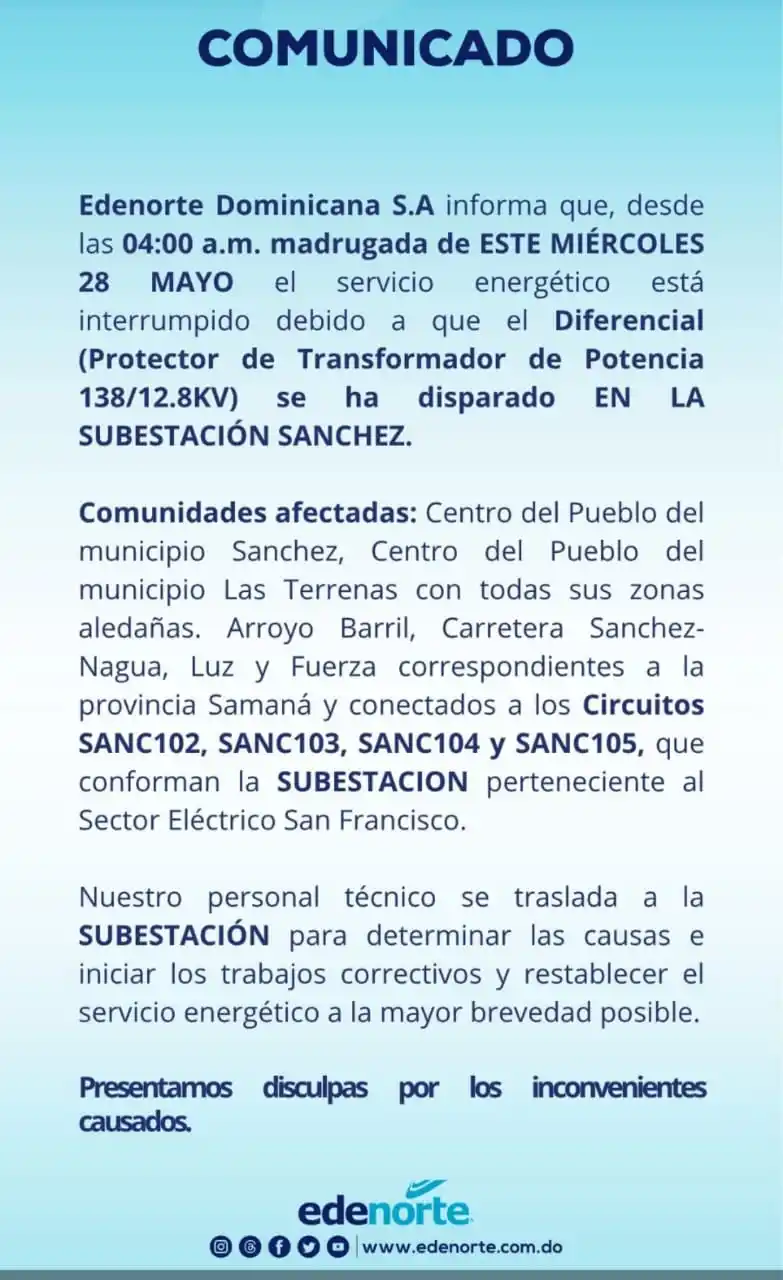 Image from DE INTERÉS SAMANÁ TV 🇩🇴: Edenorte informa interrupción eléctrica por falla en subestación Sánch...