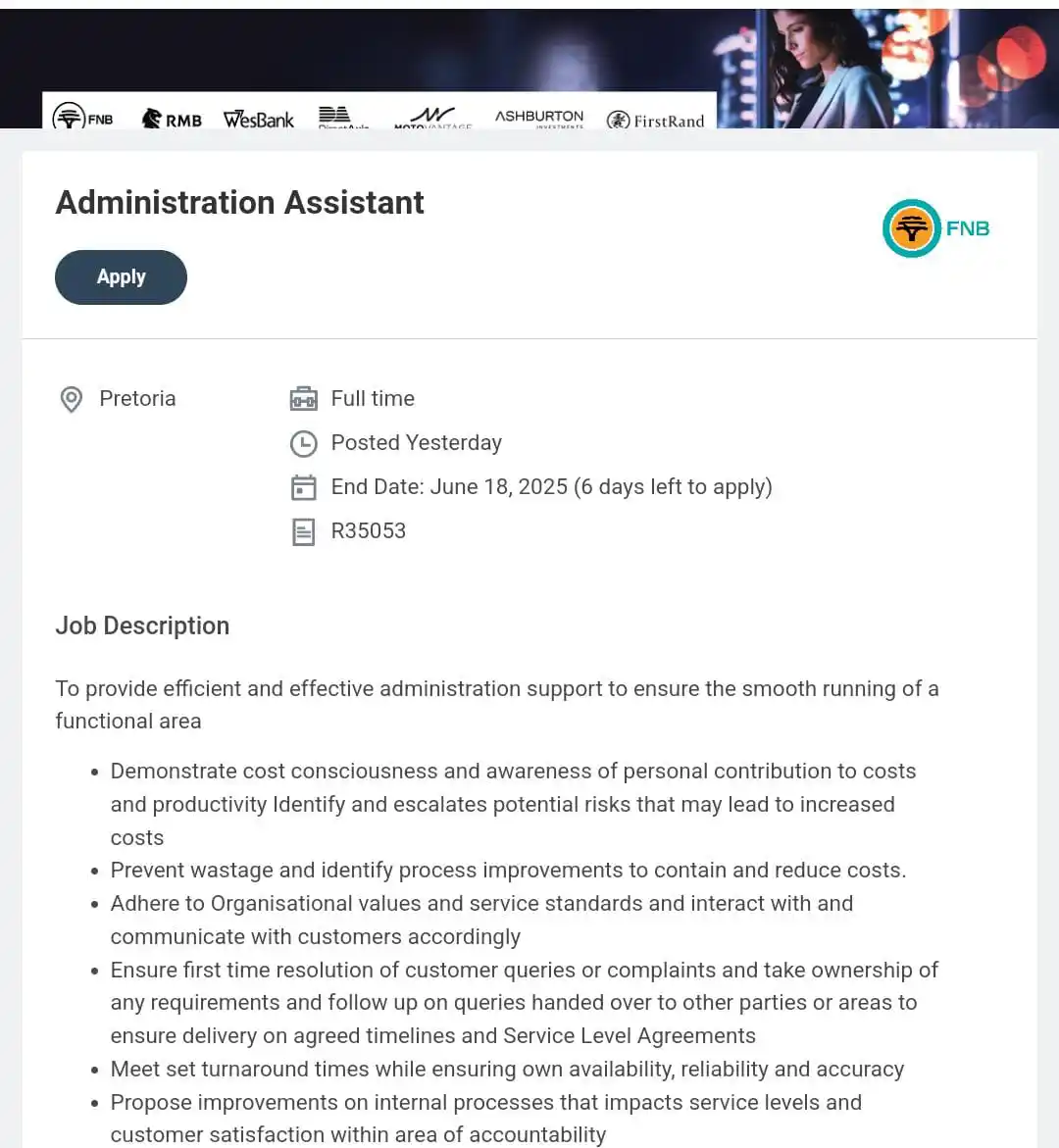 Image from dailyspark: 📌FNB is urgently hiring! ✅Administration Assistant 📍Pretoria Sa...