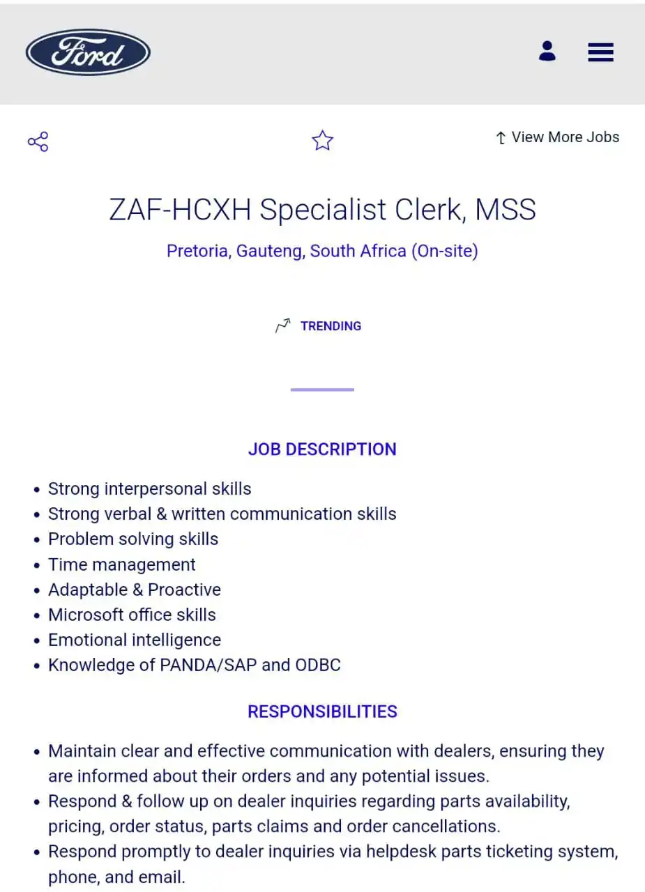 Image from dailyspark: 📌Ford is hiring! ✅Specialist Clerk 📍Pretoria Salary: R9,000- R16,...
