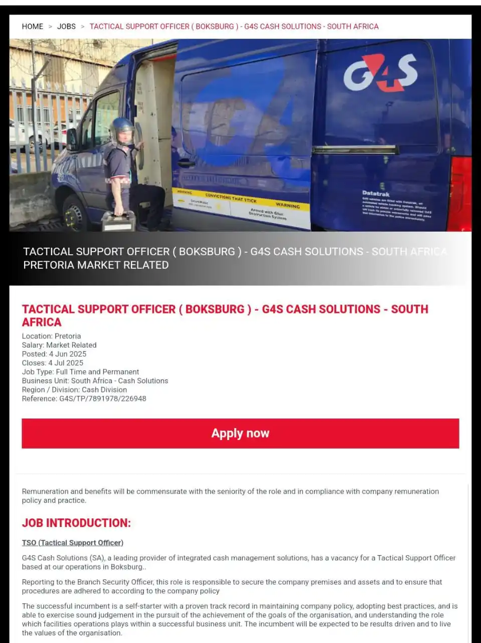 Image from dailyspark: 📌G4S is hiring! ✅Tactical Support Officer Salary: R15,000- R20,000...