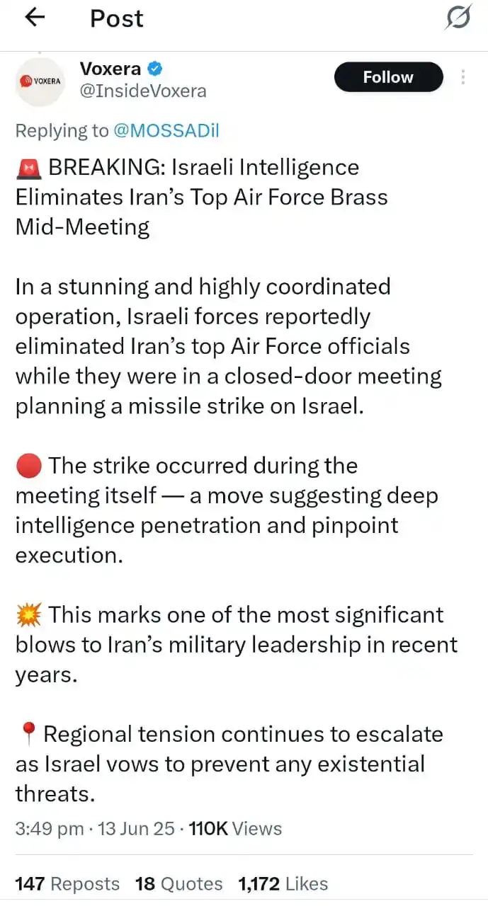 Image from Voice Of Customer: *How Israel eliminated Iran's top air force leadership* An Israeli se...