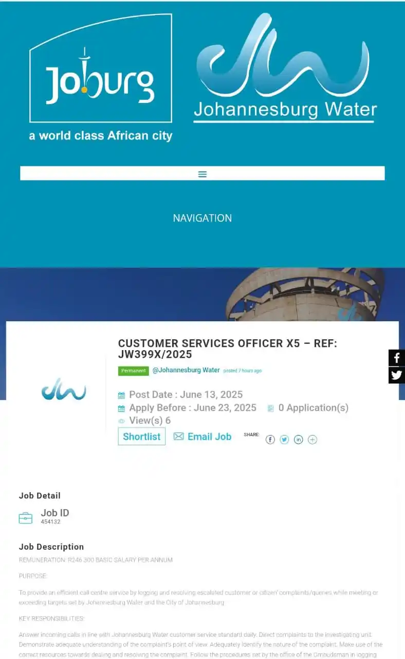 Image from dailyspark: 📌Johannesburg Water is hiring! ✅Customer Services Officer x5 positio...