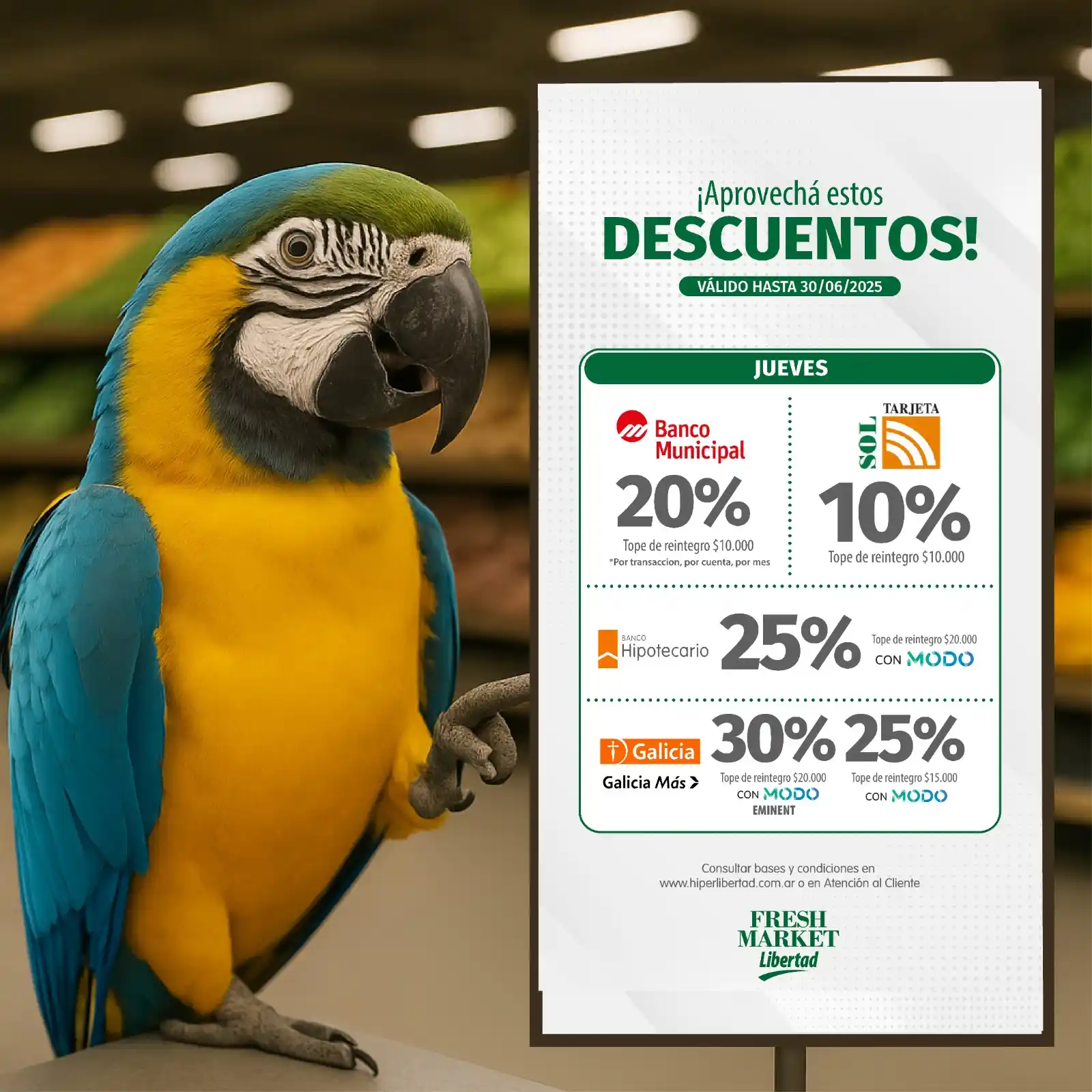 Image from Fresh Market Libertad: 🦜💅 ¿Jueves? Yo escuché “día ideal para tarjetear” 😏💳 💚 Pasá por ...