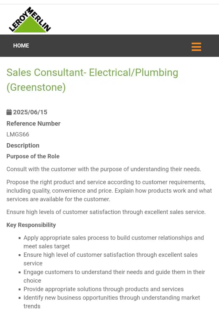 Image from dailyspark: 📌Leroy Merlin is hiring! ✅Sales Consultant Salary: R8,500- R15,000...