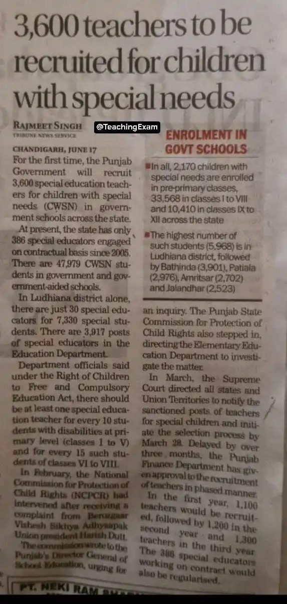 Image from TEACHING EXAM (DSSSB KVS NVS CTET REET HTET EMRS AND ALL OTHER TEACHING EXAM): *Punjab - 3,600 teachers to be recruited for children with special nee...
