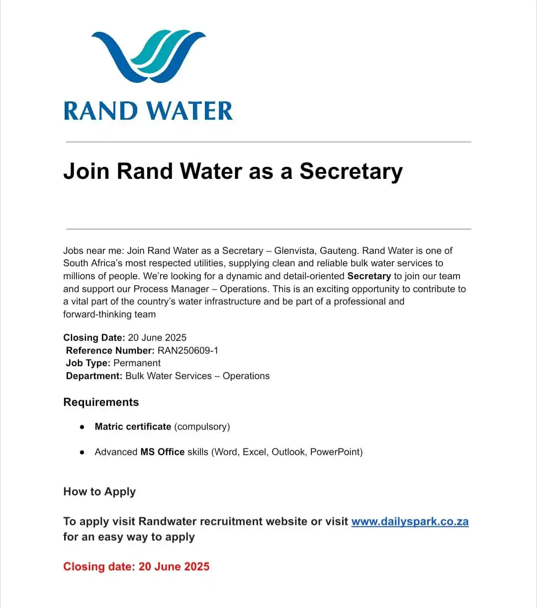 Image from dailyspark: Randwater is hiring for June 2025, Apply with Grade 12 and Earn R16 45...
