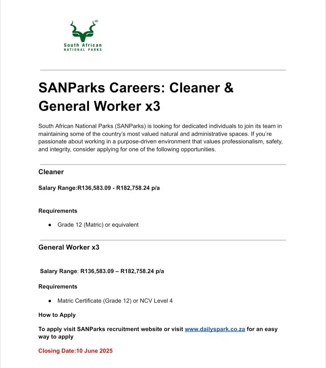 Image from dailyspark: SANParks is hiring ✅Cleaner ✅General Worker x3 Salary:R136,583.09 -...